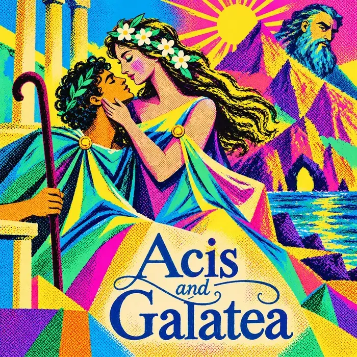 Poster for Acis and Galatea: the two lovers embrace by the sea while a giant watches from the mountains