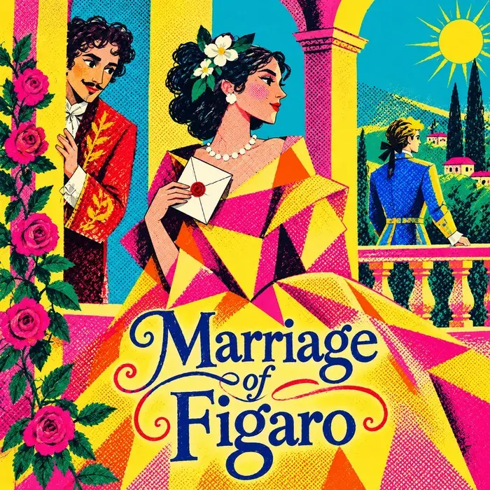 Poster for The Marriage of Figaro: a woman in a pink and yellow gown holds a sealed letter on a sunny terrace while two men look on