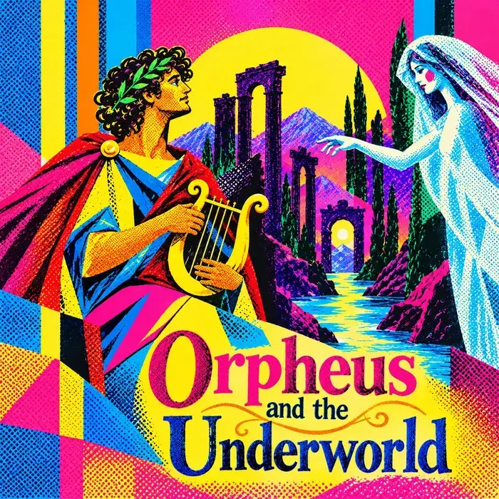 Poster for Orpheus in the Underworld: Orpheus with his lyre reaches toward a ghostly woman among ruins and cypress trees