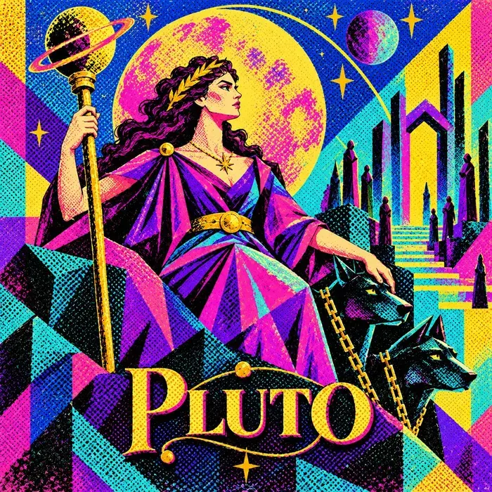 Poster for Pluto: a queen in purple robes on a throne holds a golden staff beside two black dogs